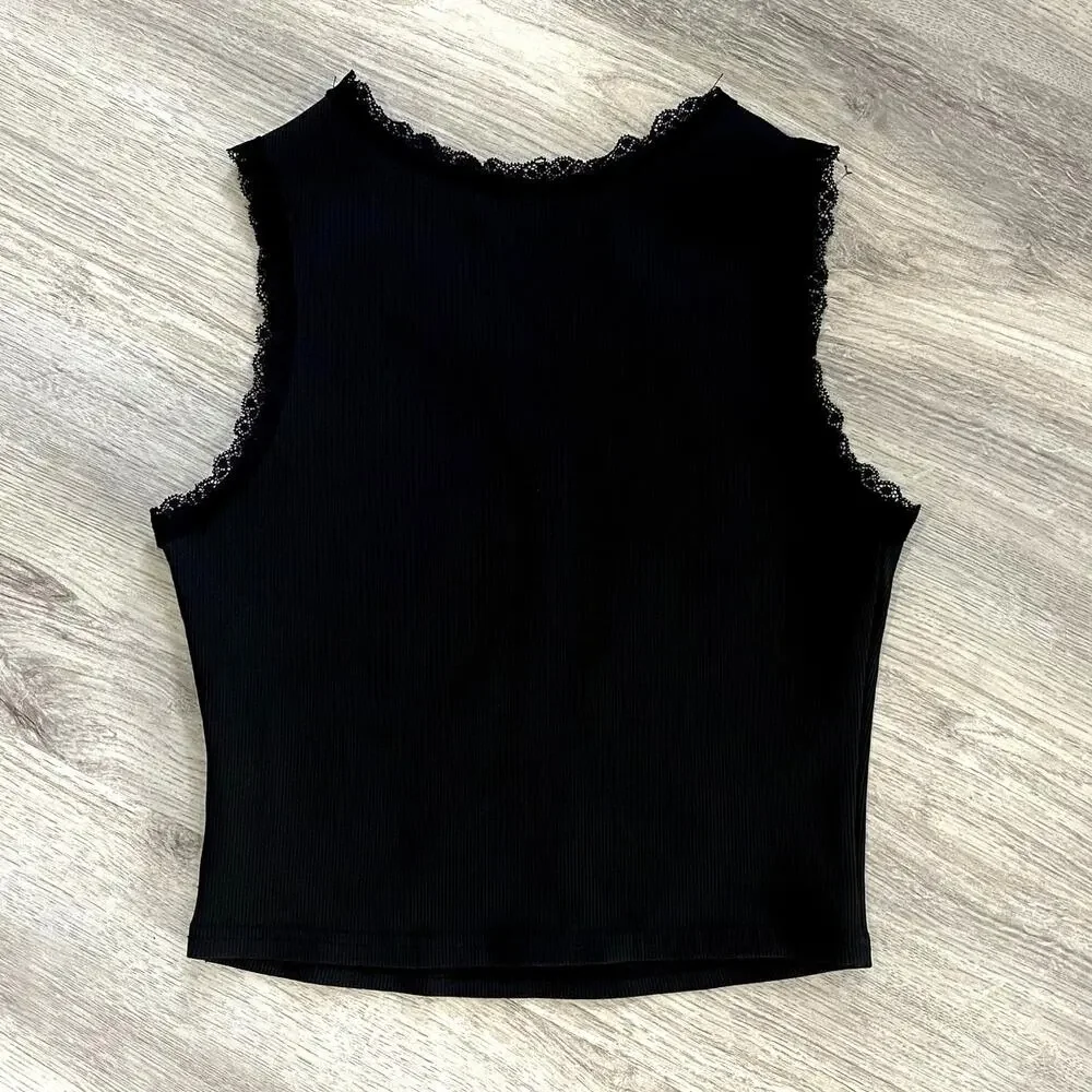 Cherry Bomb Graphic Tank Top - Coquette Lace Trim - Black & Red - Size M - Picture 3 of 7